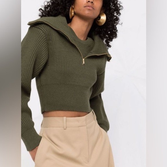 NWOT Jacquemus La Maille Risoul Sweater Olive Green Funnel Neck Cropped Knit Top - Picture 1 of 12